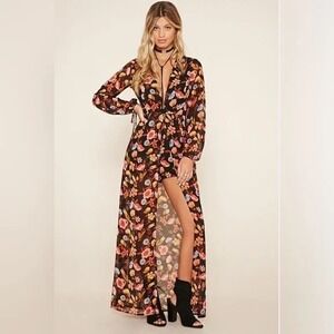 Forever 21 Floral Maxi Romper M Boho Slit Long Sleeve